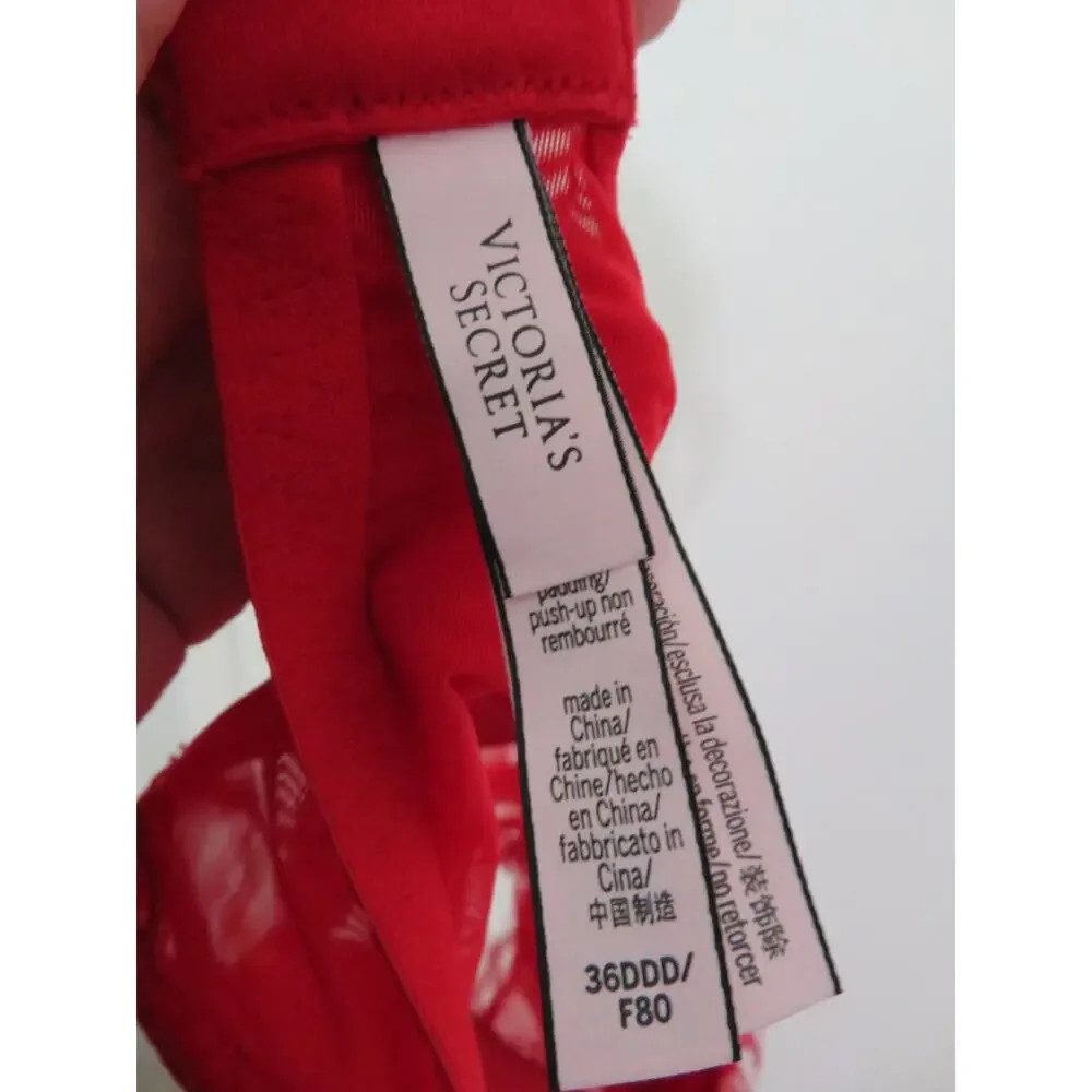 Victoria's Secret Women Sz 36DDD Red Very Sexy Push Up Bra Rhinestone Straps
